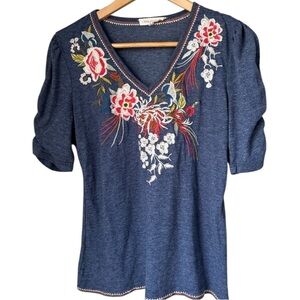 Solitaire Blue shirt small v neck Embroidered Floral Top boho ruched sleeve